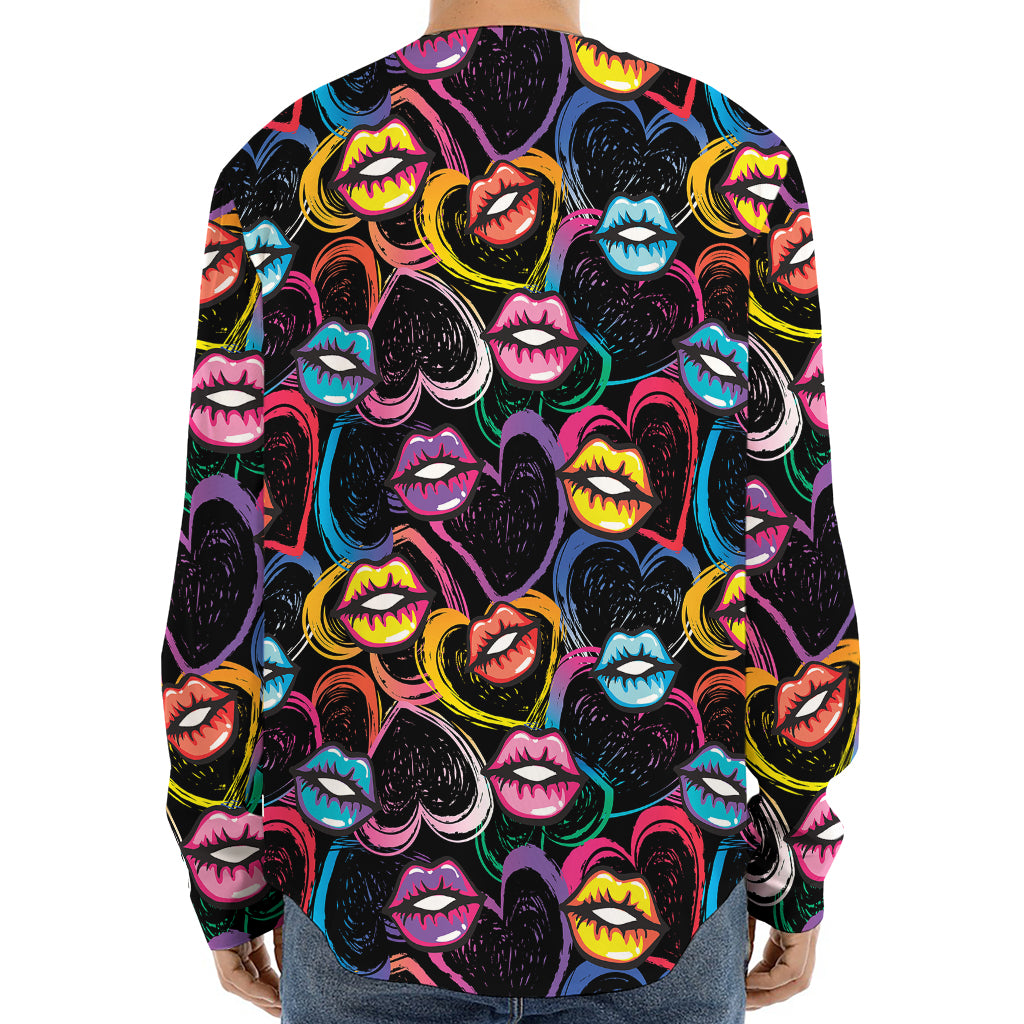Funky Kiss Lips Pattern Print Long Sleeve Baseball Jersey