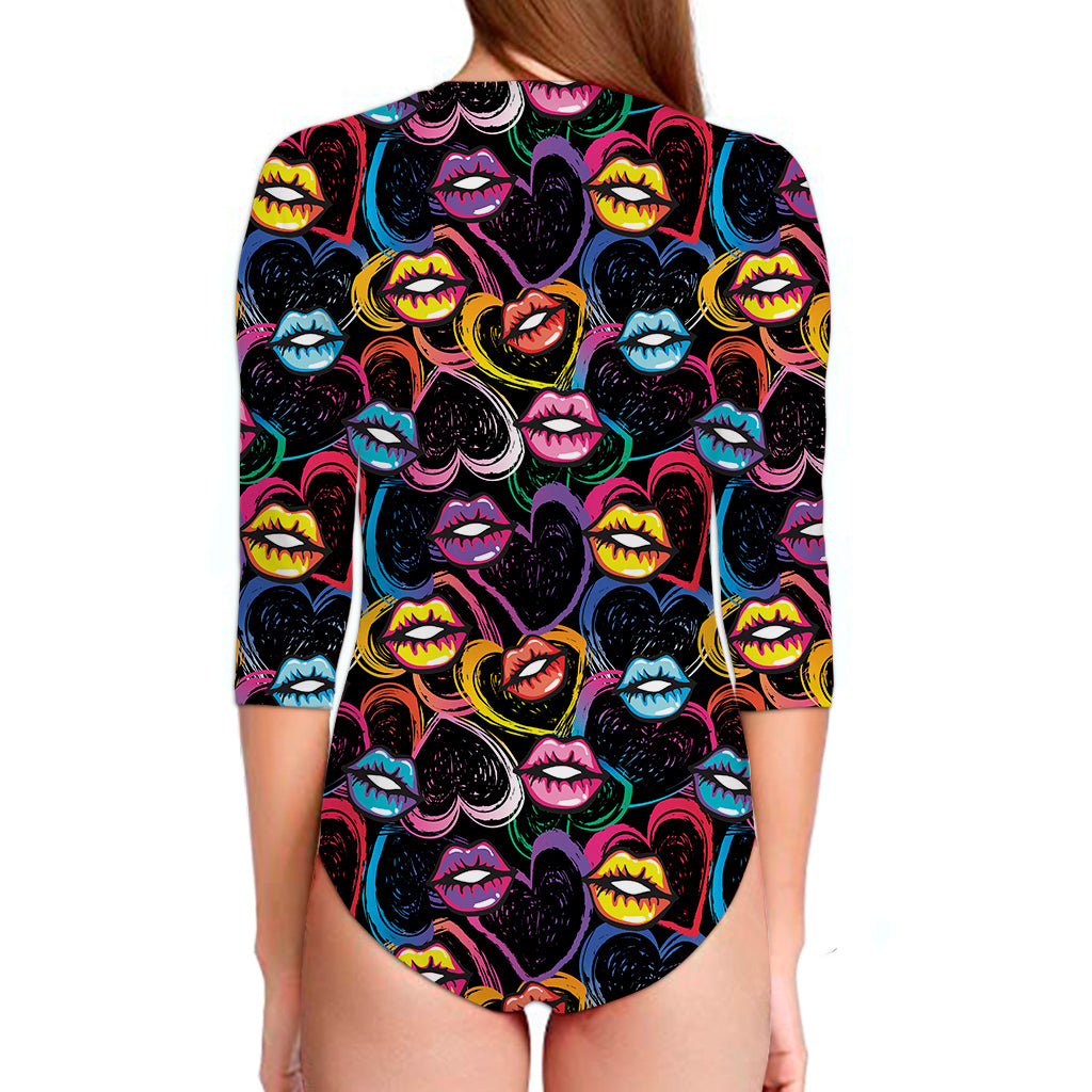 Funky Kiss Lips Pattern Print Long Sleeve Swimsuit