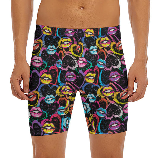 Funky Kiss Lips Pattern Print Men's Long Boxer Briefs