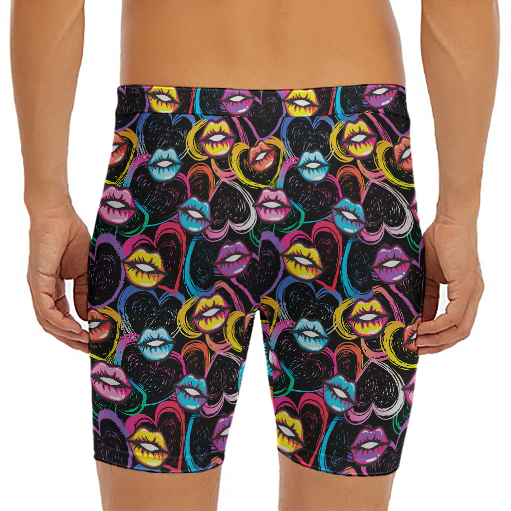 Funky Kiss Lips Pattern Print Men's Long Boxer Briefs