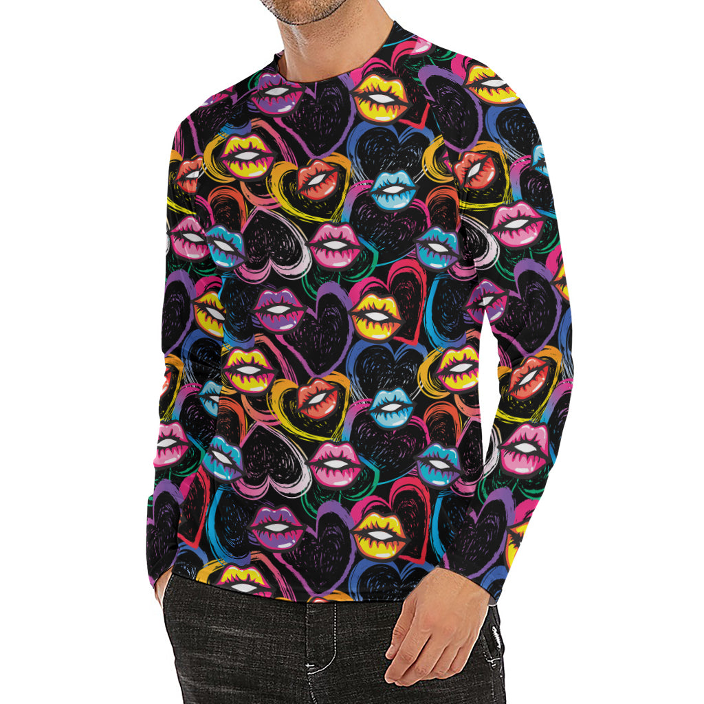 Funky Kiss Lips Pattern Print Men's Long Sleeve Rash Guard