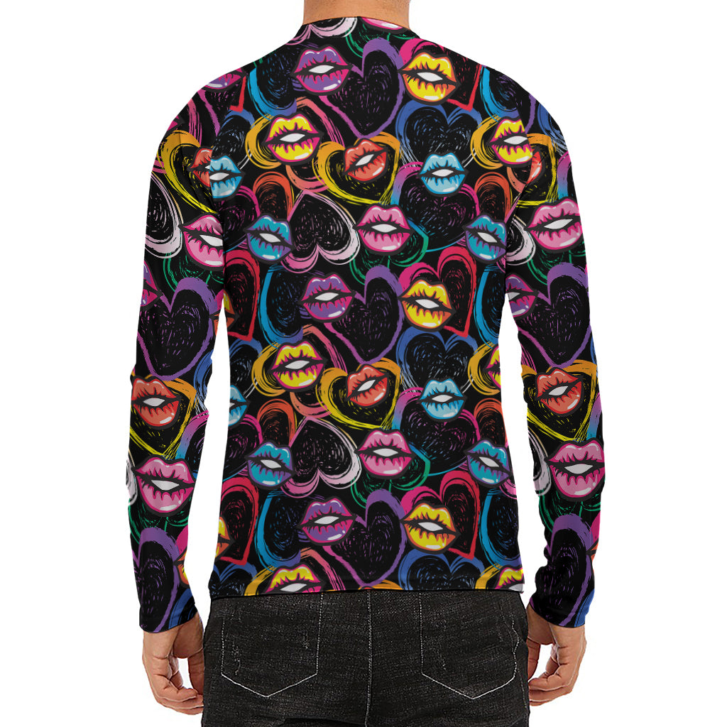 Funky Kiss Lips Pattern Print Men's Long Sleeve Rash Guard