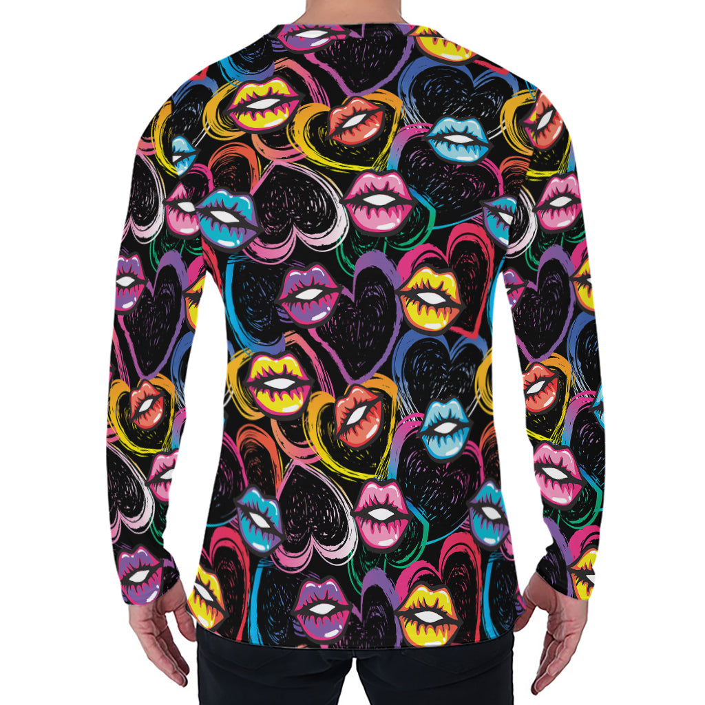 Funky Kiss Lips Pattern Print Men's Long Sleeve T-Shirt