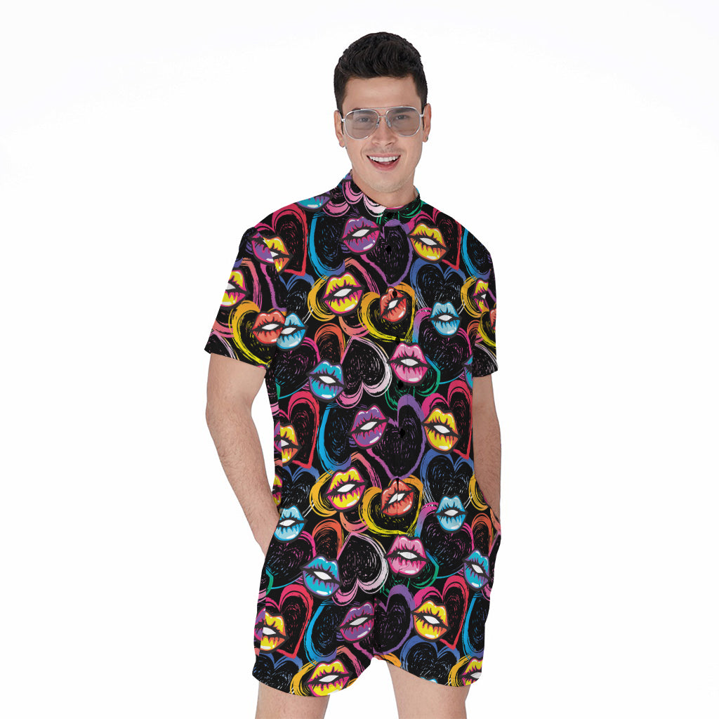 Funky Kiss Lips Pattern Print Men's Rompers