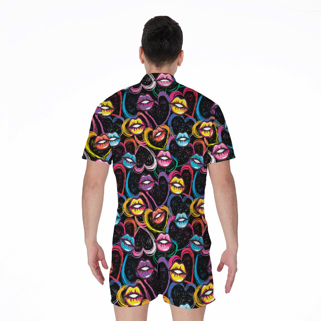 Funky Kiss Lips Pattern Print Men's Rompers