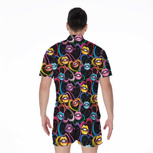 Funky Kiss Lips Pattern Print Men's Rompers