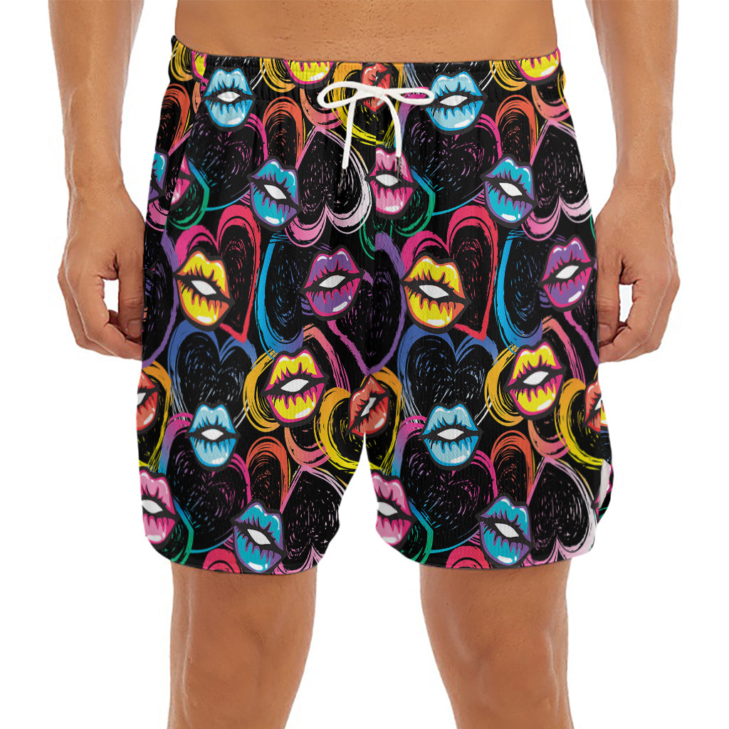 Funky Kiss Lips Pattern Print Men's Split Running Shorts