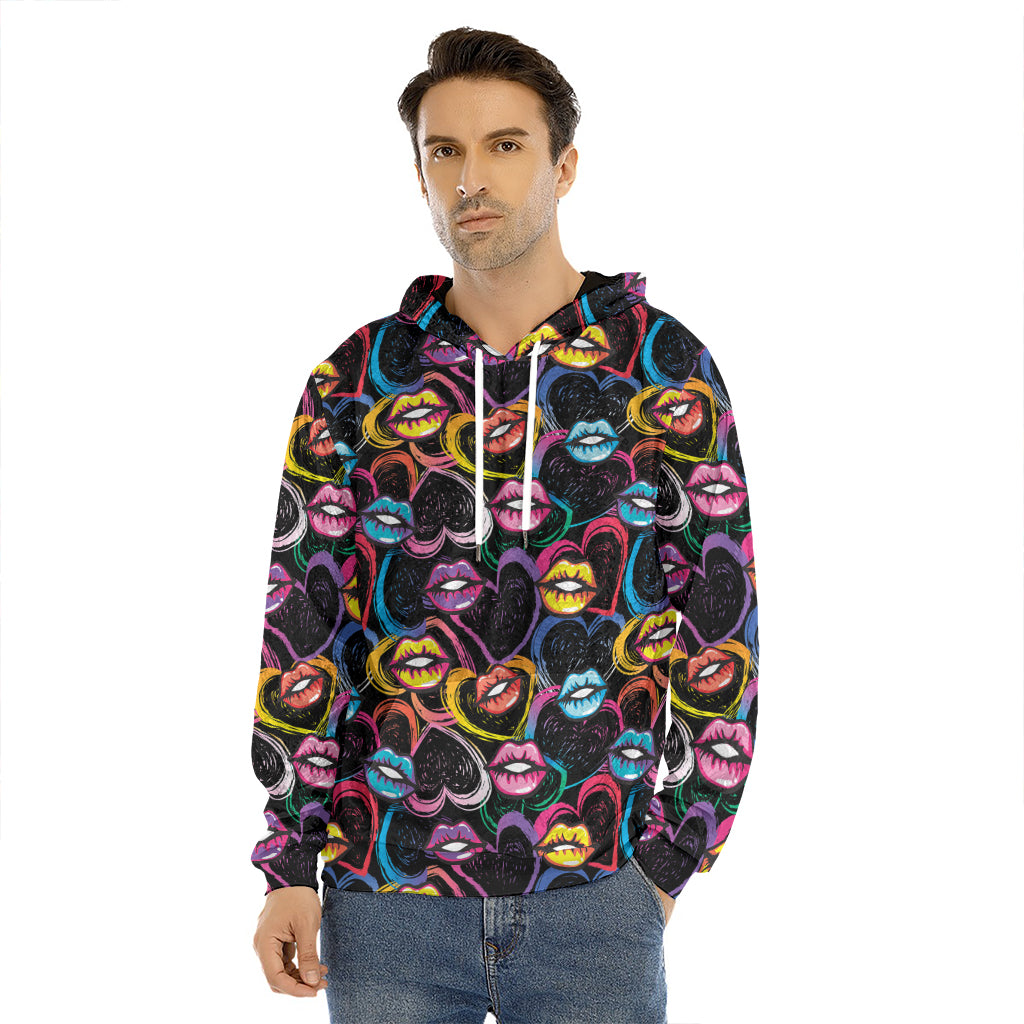 Funky Kiss Lips Pattern Print Men's Velvet Pullover Hoodie