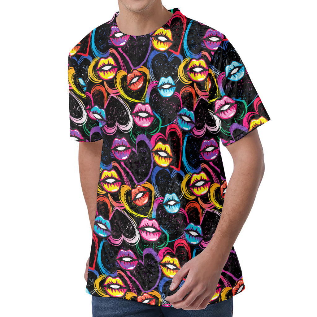 Funky Kiss Lips Pattern Print Men's Velvet T-Shirt