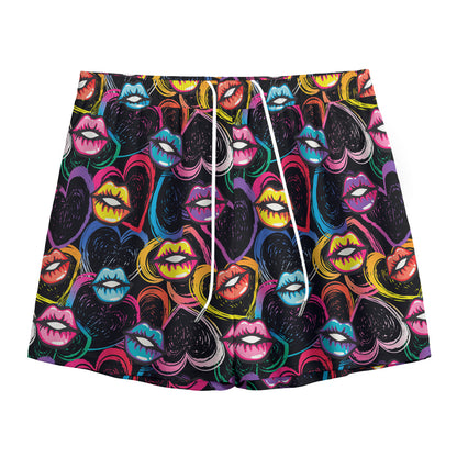 Funky Kiss Lips Pattern Print Mesh Shorts