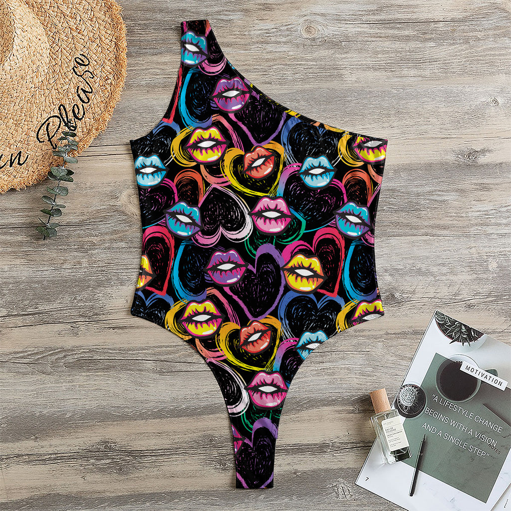 Funky Kiss Lips Pattern Print One Shoulder Bodysuit