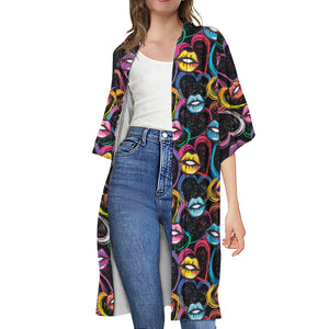 Funky Kiss Lips Pattern Print Open Front Beach Cover Up