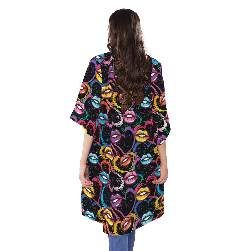 Funky Kiss Lips Pattern Print Open Front Beach Cover Up