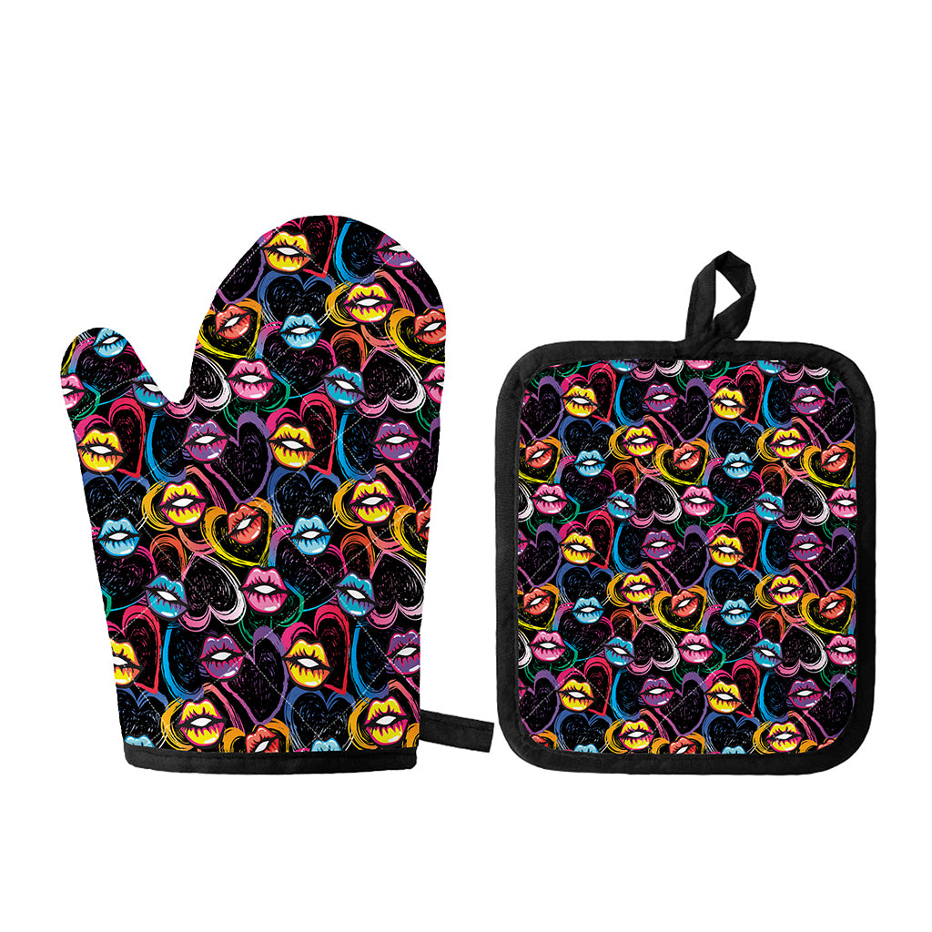 Funky Kiss Lips Pattern Print Oven Mitt And Pot Holder Set