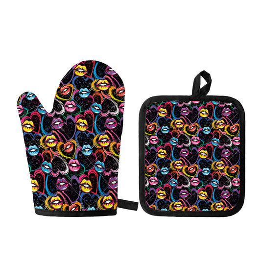 Funky Kiss Lips Pattern Print Oven Mitt And Pot Holder Set