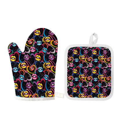 Funky Kiss Lips Pattern Print Oven Mitt And Pot Holder Set