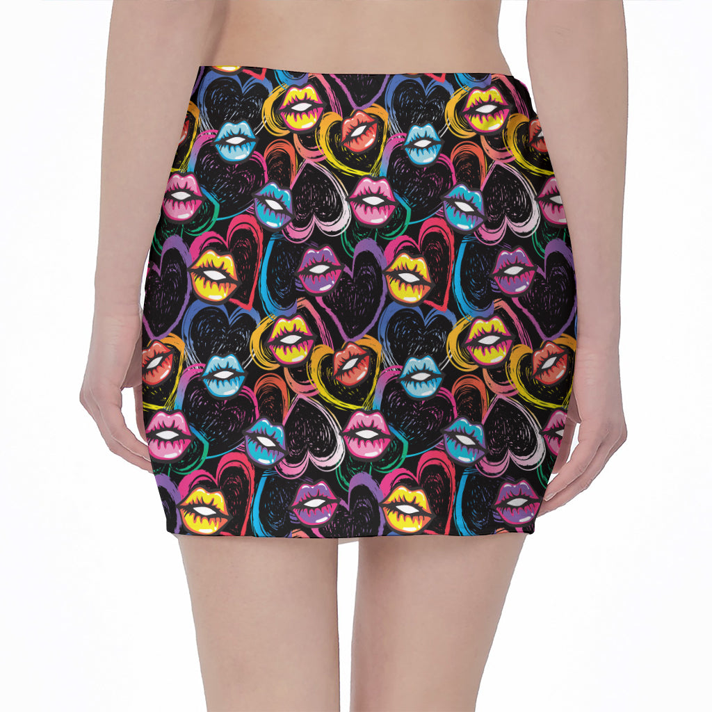 Funky Kiss Lips Pattern Print Pencil Mini Skirt