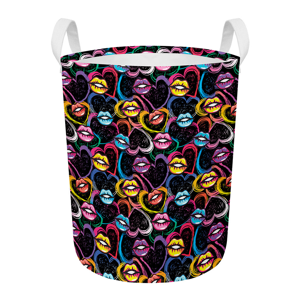 Funky Kiss Lips Pattern Print Round Laundry Basket