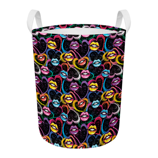 Funky Kiss Lips Pattern Print Round Laundry Basket