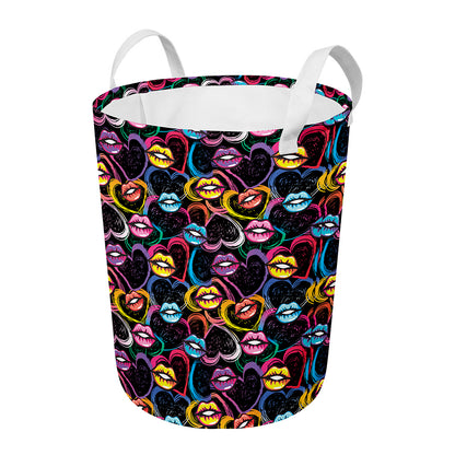 Funky Kiss Lips Pattern Print Round Laundry Basket