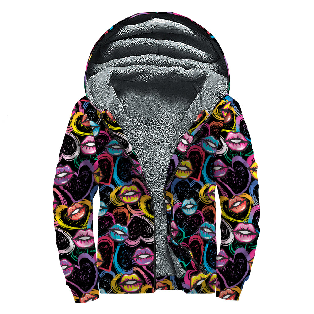 Funky Kiss Lips Pattern Print Sherpa Lined Zip Up Hoodie