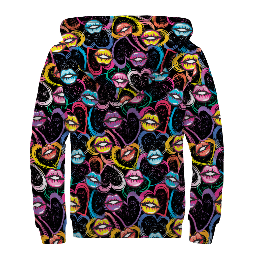 Funky Kiss Lips Pattern Print Sherpa Lined Zip Up Hoodie