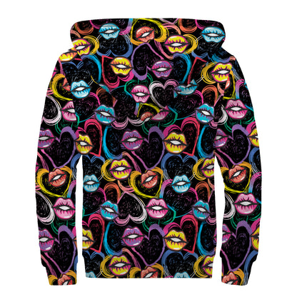 Funky Kiss Lips Pattern Print Sherpa Lined Zip Up Hoodie
