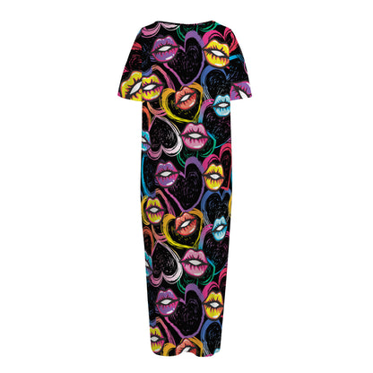Funky Kiss Lips Pattern Print Short Sleeve Long Nightdress