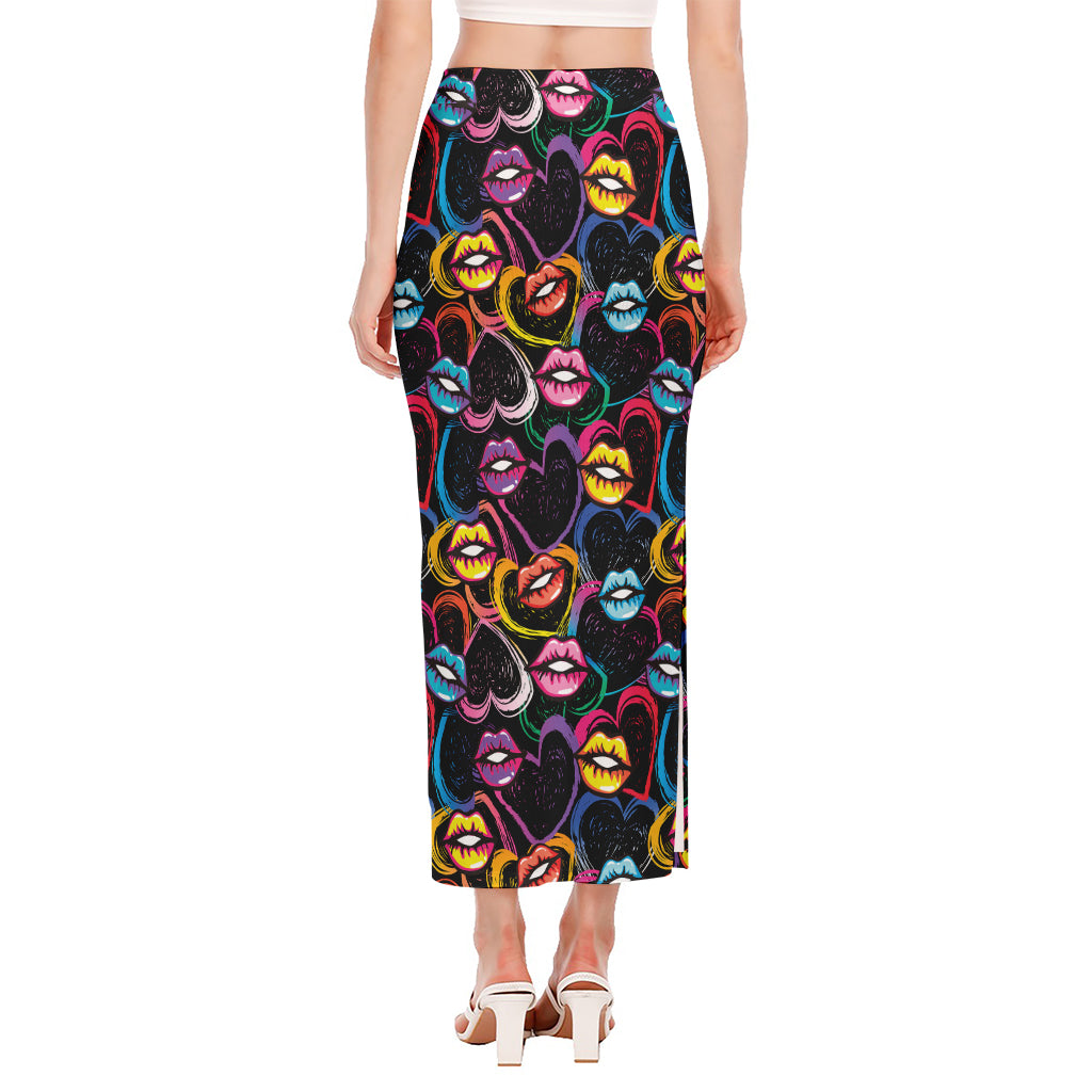 Funky Kiss Lips Pattern Print Side Slit Maxi Skirt