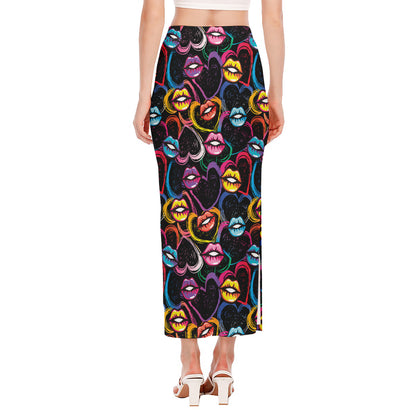 Funky Kiss Lips Pattern Print Side Slit Maxi Skirt