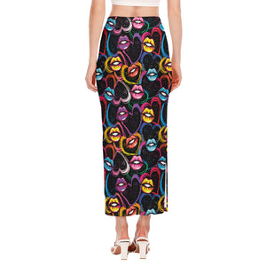 Funky Kiss Lips Pattern Print Side Slit Maxi Skirt