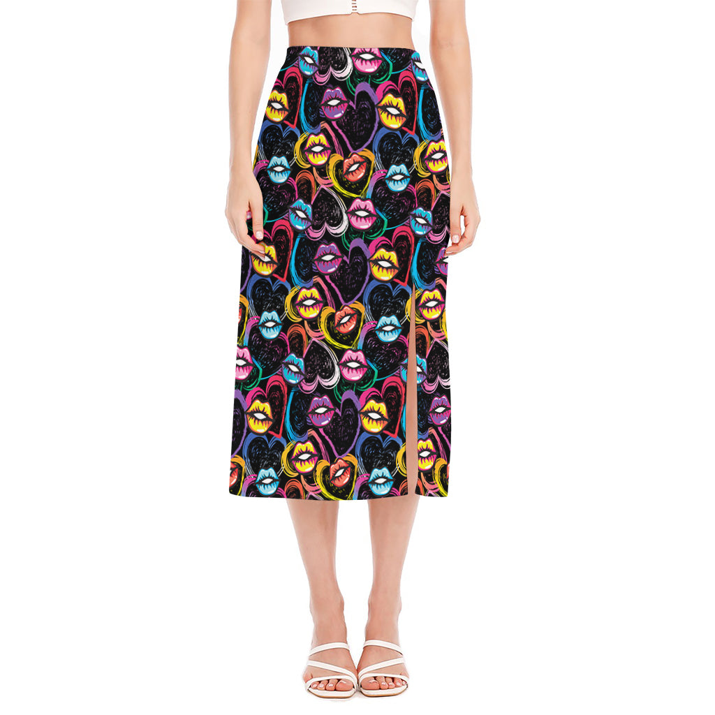 Funky Kiss Lips Pattern Print Side Slit Midi Skirt