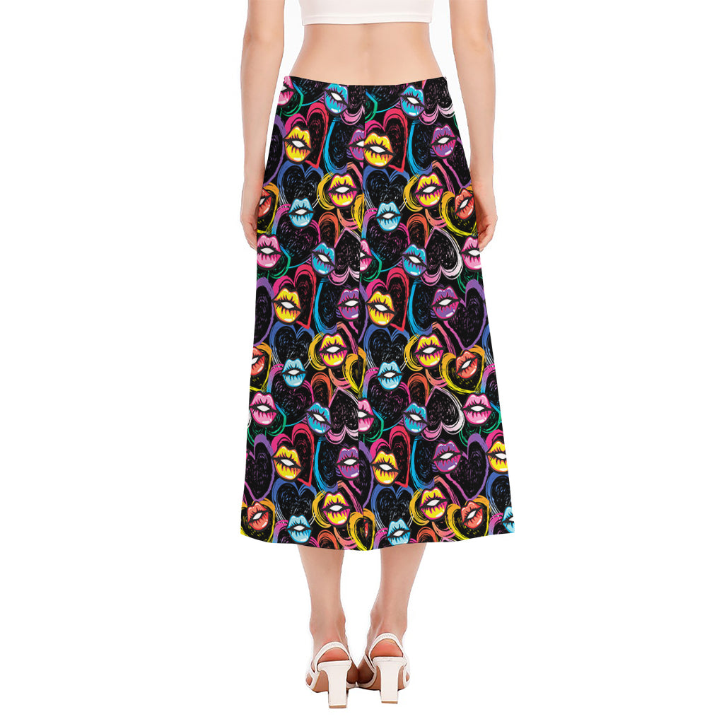 Funky Kiss Lips Pattern Print Side Slit Midi Skirt