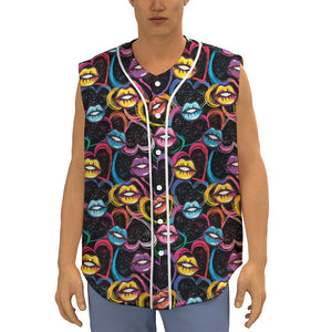 Funky Kiss Lips Pattern Print Sleeveless Baseball Jersey