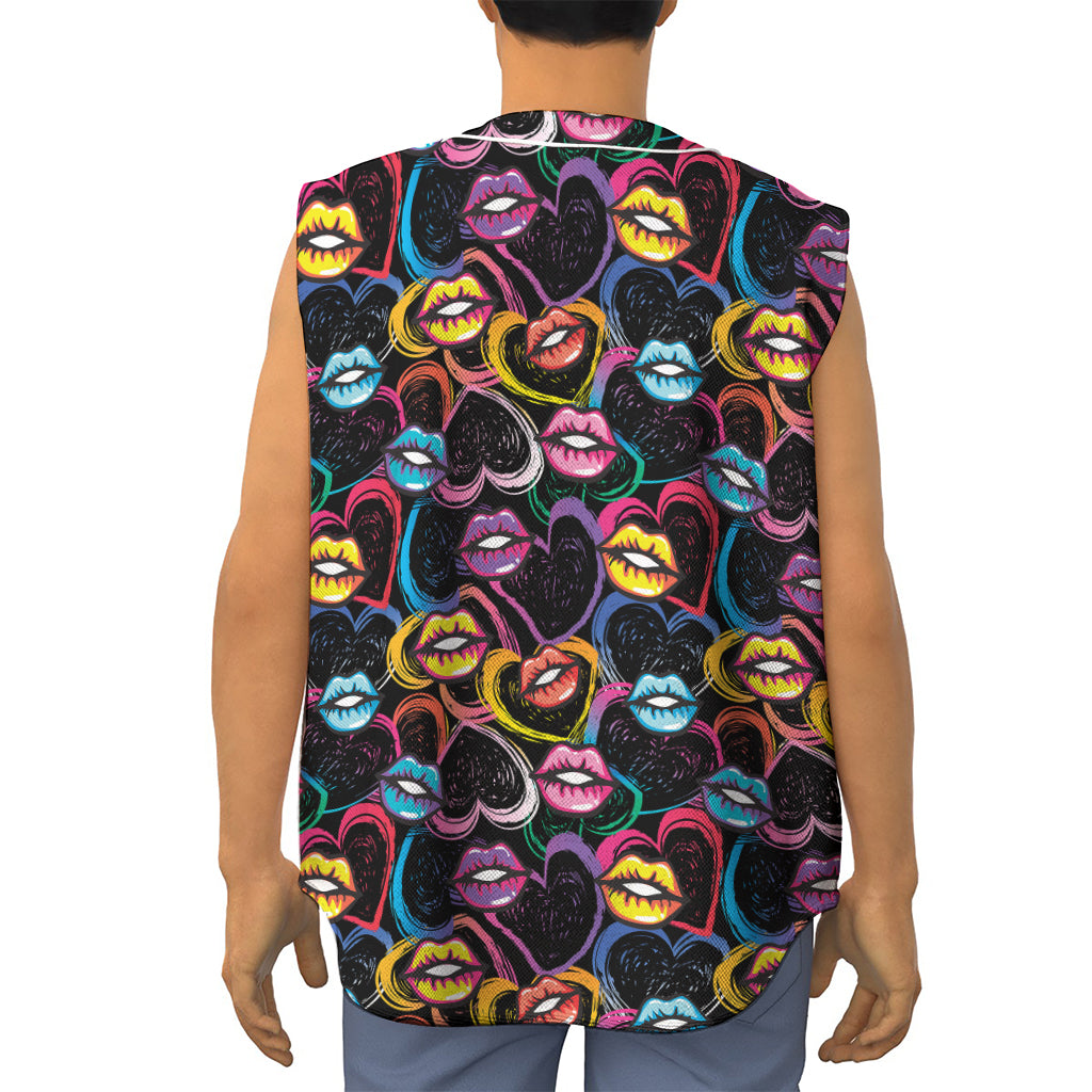 Funky Kiss Lips Pattern Print Sleeveless Baseball Jersey