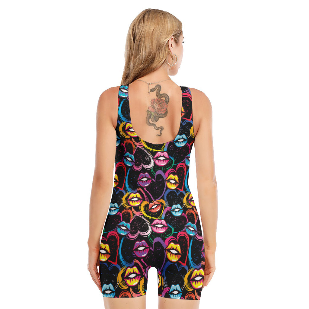 Funky Kiss Lips Pattern Print Sleeveless One Piece Swimsuit