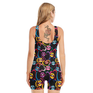 Funky Kiss Lips Pattern Print Sleeveless One Piece Swimsuit