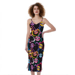 Funky Kiss Lips Pattern Print Slim Fit Midi Cami Dress