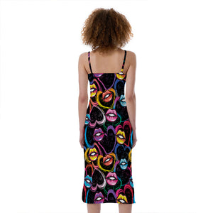 Funky Kiss Lips Pattern Print Slim Fit Midi Cami Dress