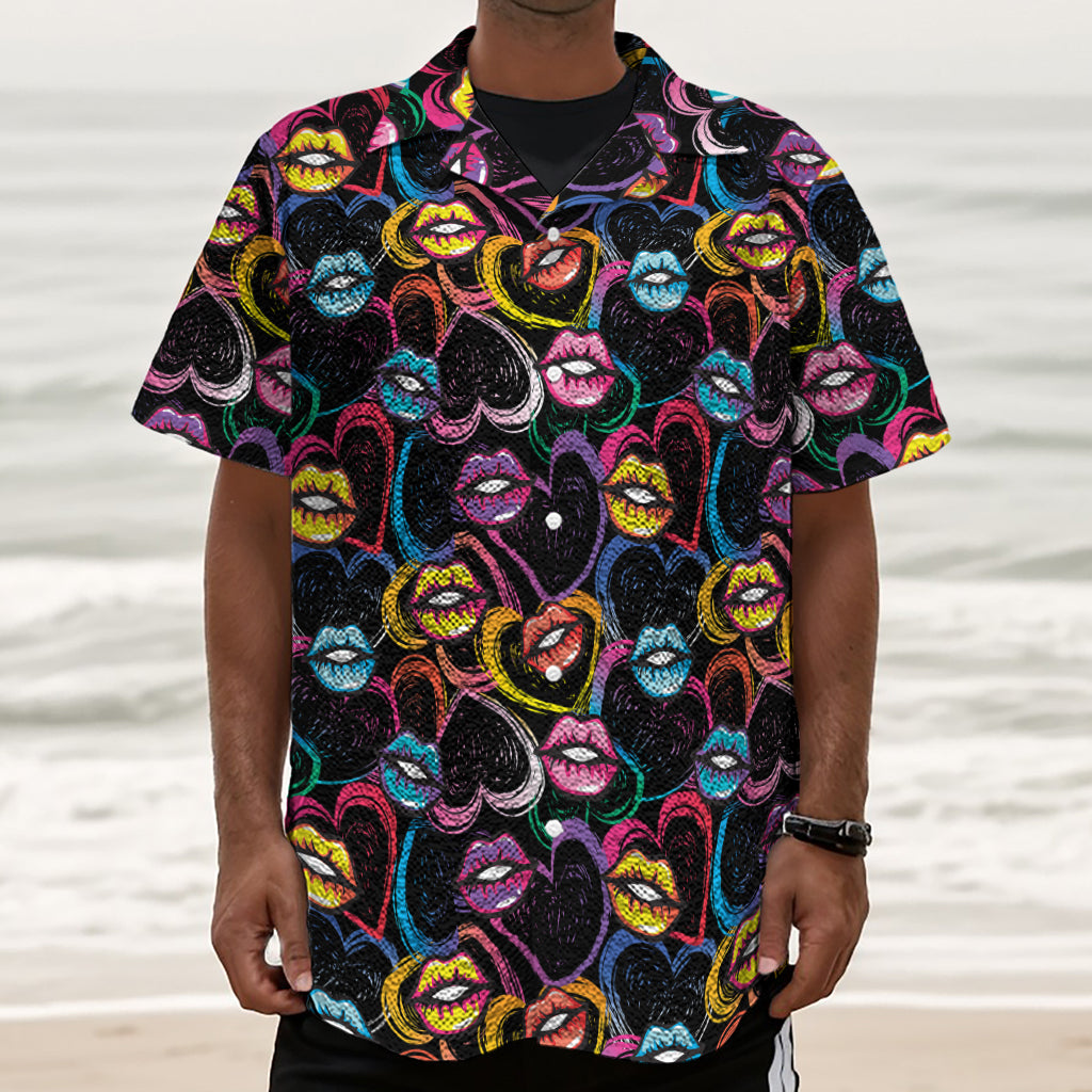 Funky Kiss Lips Pattern Print Textured Short Sleeve Shirt