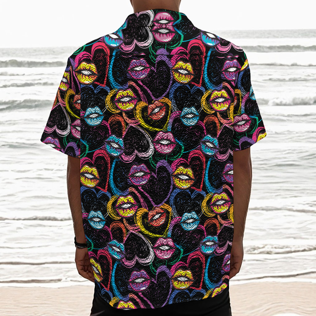 Funky Kiss Lips Pattern Print Textured Short Sleeve Shirt