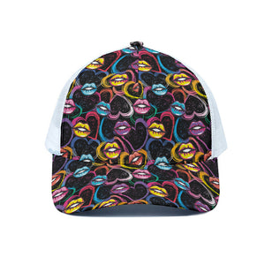 Funky Kiss Lips Pattern Print White Mesh Trucker Cap