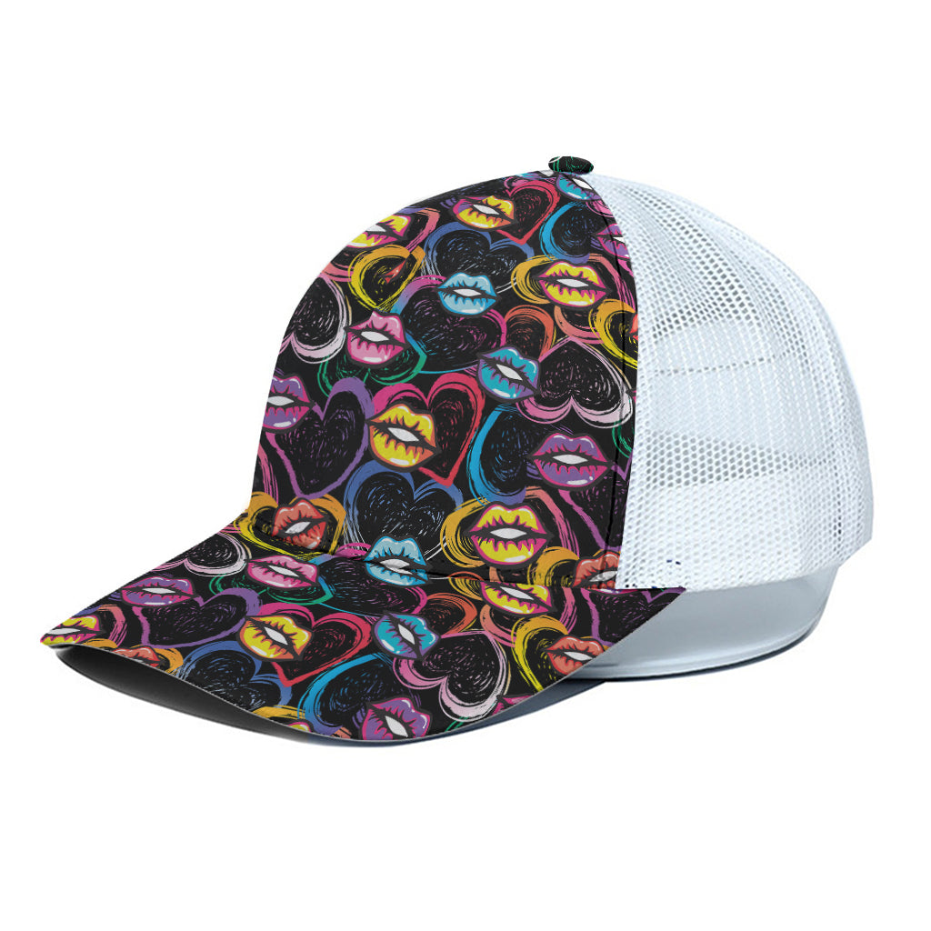 Funky Kiss Lips Pattern Print White Mesh Trucker Cap