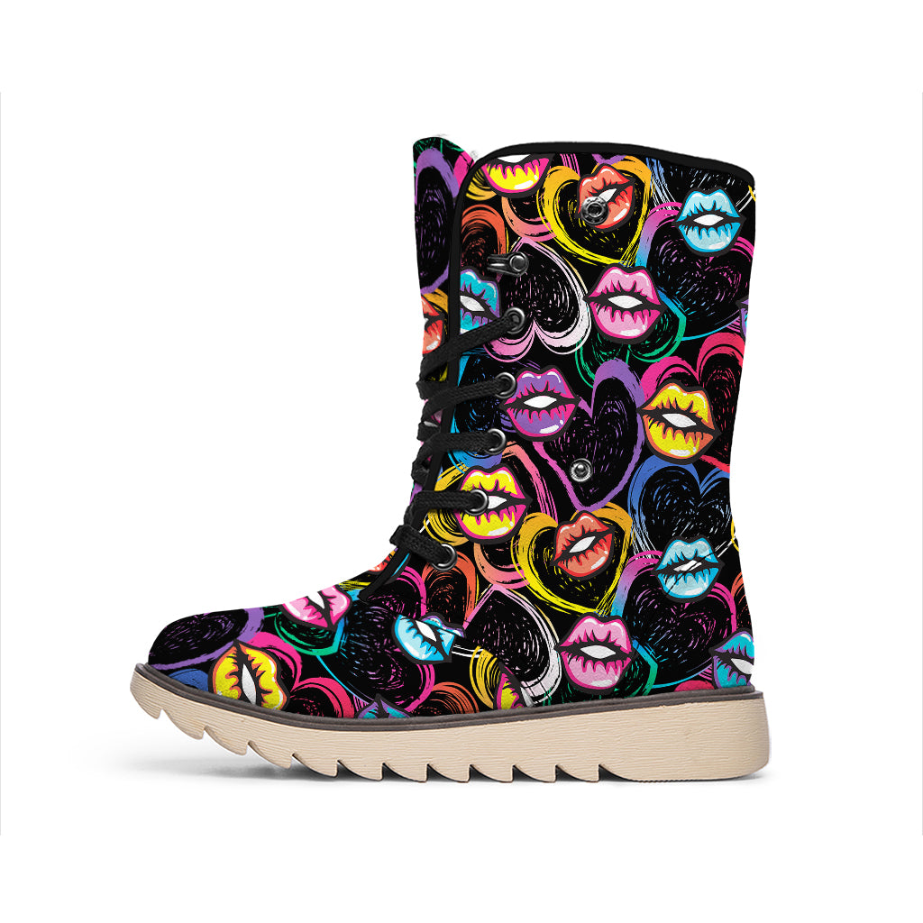 Funky Kiss Lips Pattern Print Winter Boots