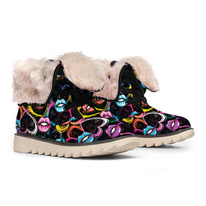 Funky Kiss Lips Pattern Print Winter Boots