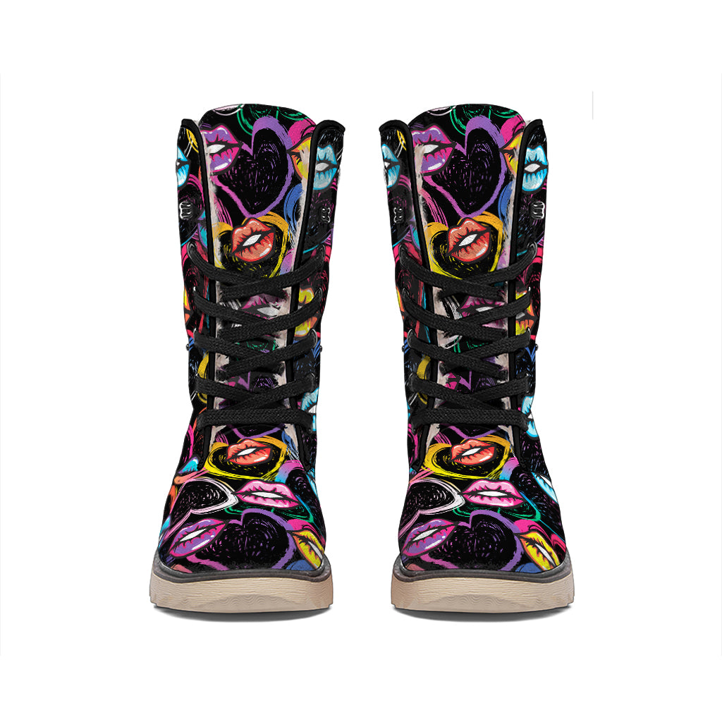 Funky Kiss Lips Pattern Print Winter Boots