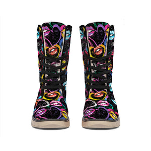 Funky Kiss Lips Pattern Print Winter Boots