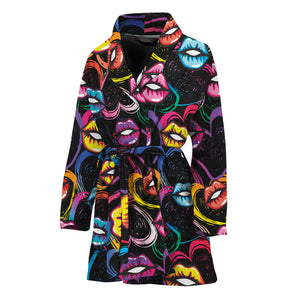 Funky Kiss Lips Pattern Print Women's Bathrobe