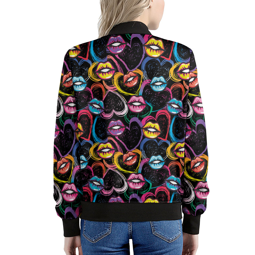 Funky Kiss Lips Pattern Print Women's Bomber Jacket