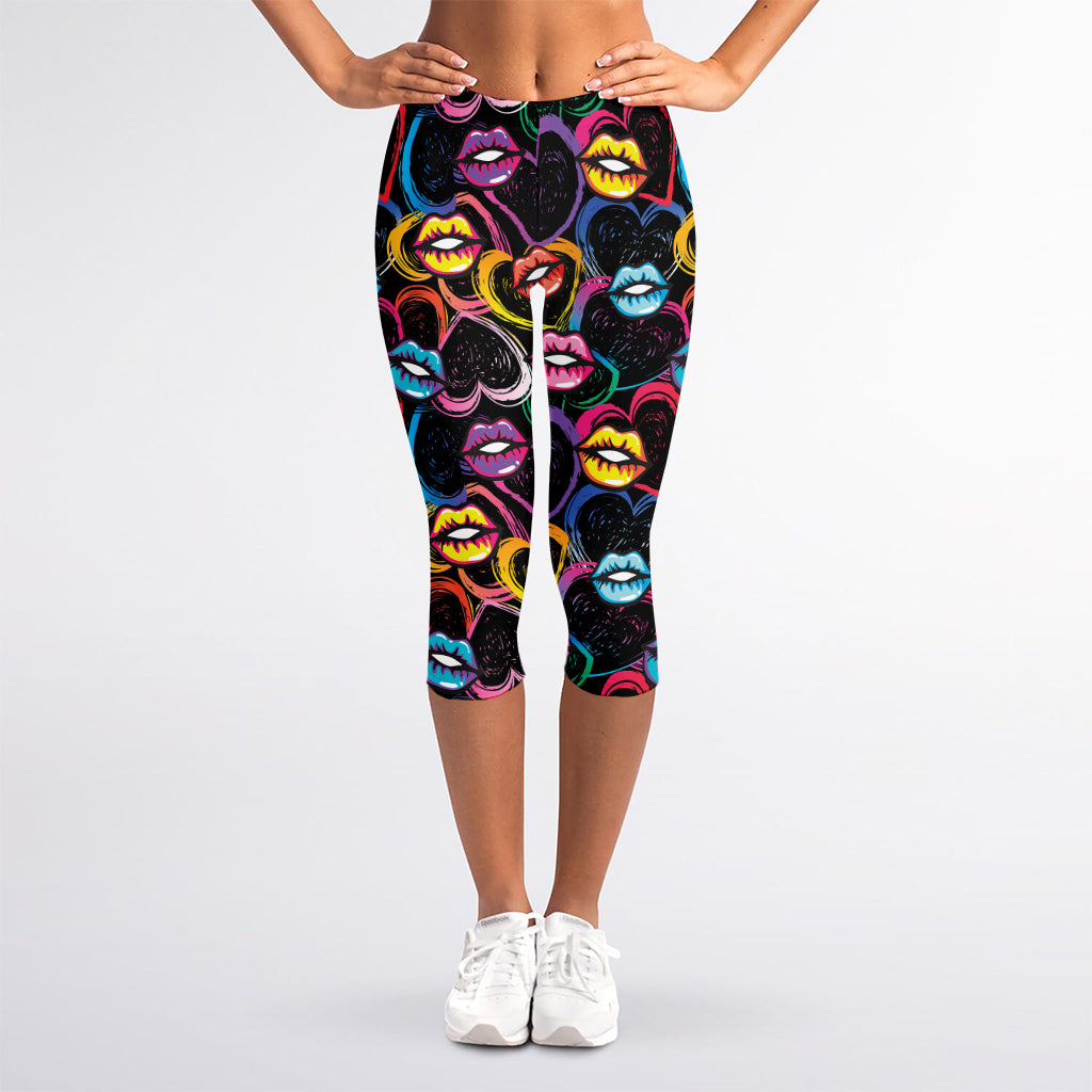 Funky Kiss Lips Pattern Print Women's Capri Leggings